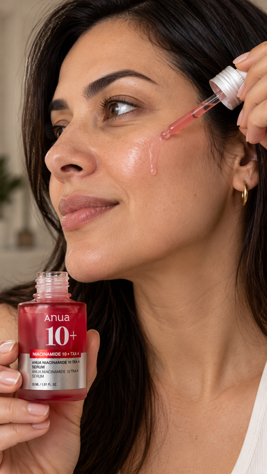 Mujer aplicando con el gotero el sérum Anua Niacinamide 10 TXA 4 en la mejilla
