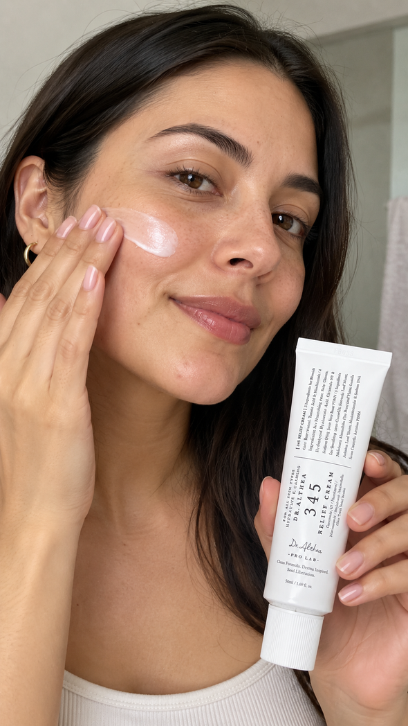 Mujer aplicando Dr. Althea 345 Relief Cream en el rostro con el tubo en la mano