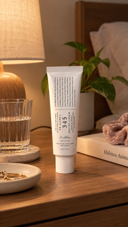 Tubo de Dr. Althea 345 Relief Cream sobre una mesa de noche junto a un vaso de agua
